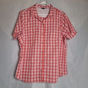 Eddie Bauer Women's Size 2XL Coral Pink & White Plaid Short Sleeve Button Up Top